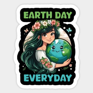 Earth Day Everyday Save the Planet Cute Girl Floral Earth Day 2024 Sticker